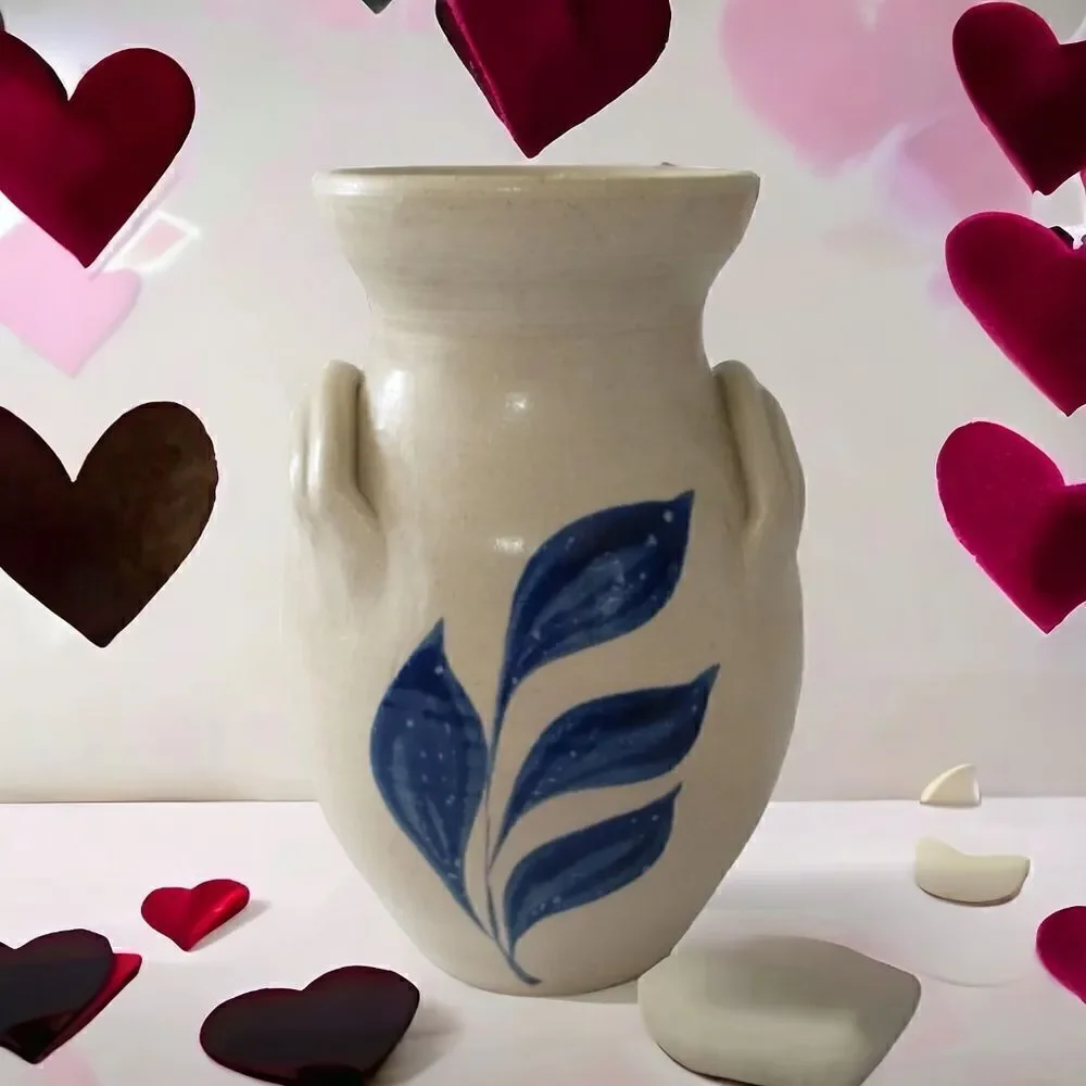Williamsburg Pottery‎ Vase Two Handled  Blue Leaf Design Spring Summer Flowers.